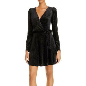 Aqua Black Velvet Glitter Dot Long Sleeve Tie Waist Cocktail Dress 4